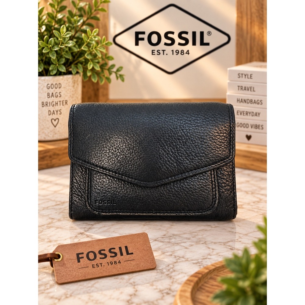 Fossil Black Pebbled Leather Trifold Wallet Envelope Snap ID Window Zip Pocket